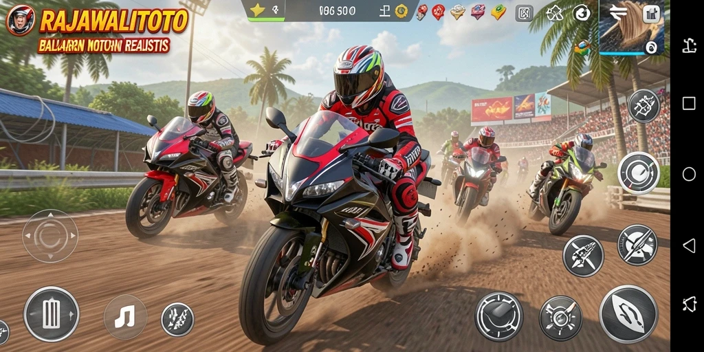 Screenshot RAJAWALITOTO menampilkan balapan motor yang mendebarkan di lintasan.