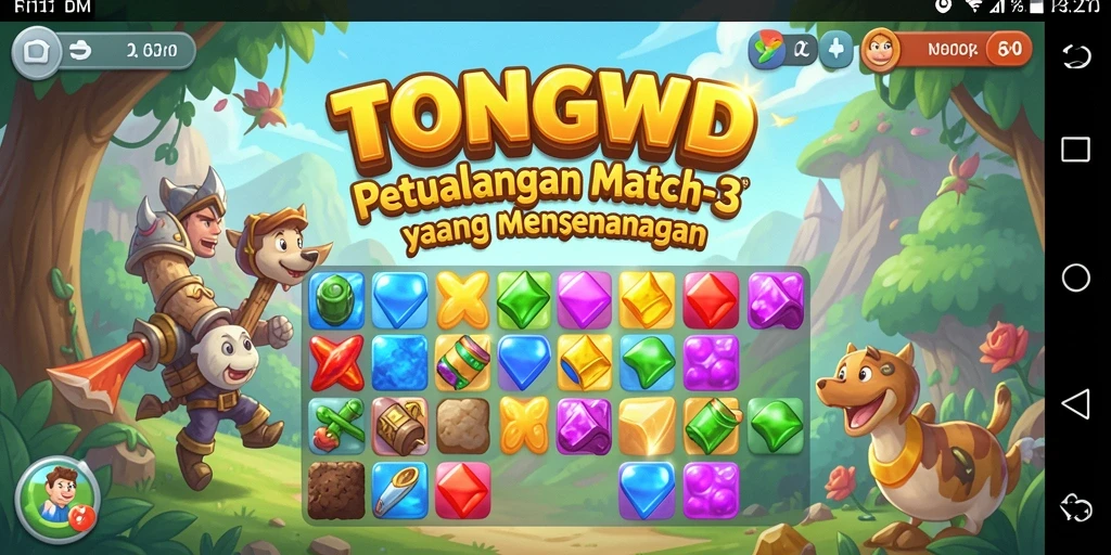 Tampilan utama TONGWD menunjukkan gameplay seru mencocokkan item dalam level yang penuh warna.