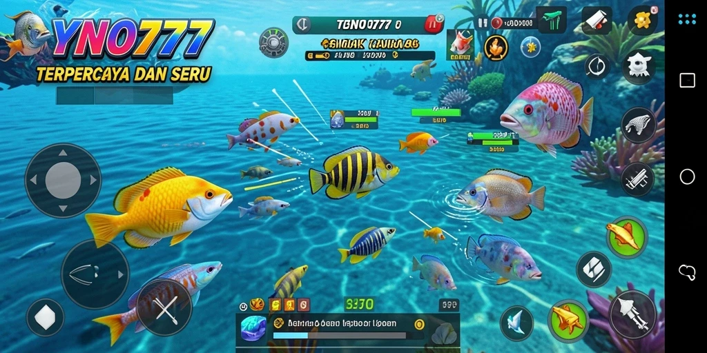 Screenshot menampilkan gameplay seru YONO777 dengan berbagai ikan yang bisa ditangkap.